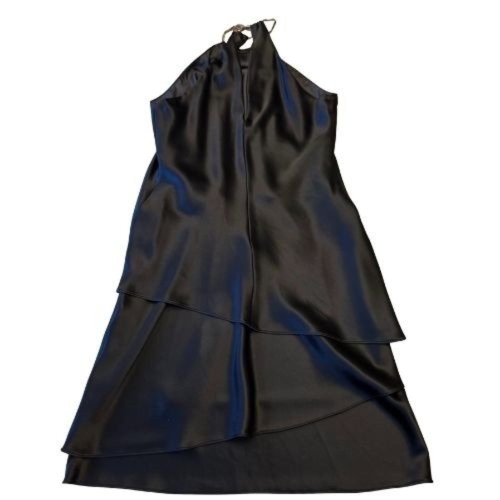 Jones New York Black Halter Tiered Cocktail Dress Size 8 Satin‎ Formal Midi - Picture 2 of 13